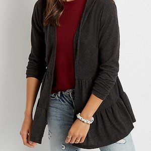 Maurices Gray Tiered Open Front Hooded Cardigan Sz L